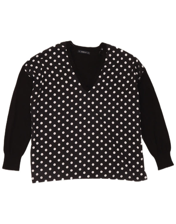 ZARA Womens V-Neck Jumper Sweater UK 16 Large Black Polka Dot