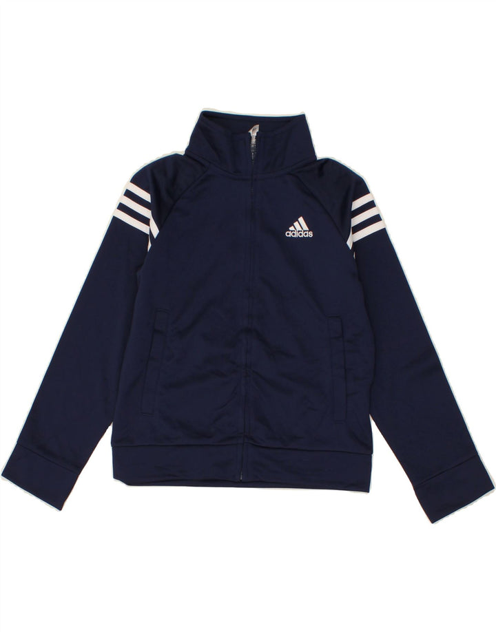 ADIDAS Boys Tracksuit Top Jacket 7-8 Years Small Navy Blue Striped Vintage Adidas and Second-Hand Adidas from Messina Hembry 