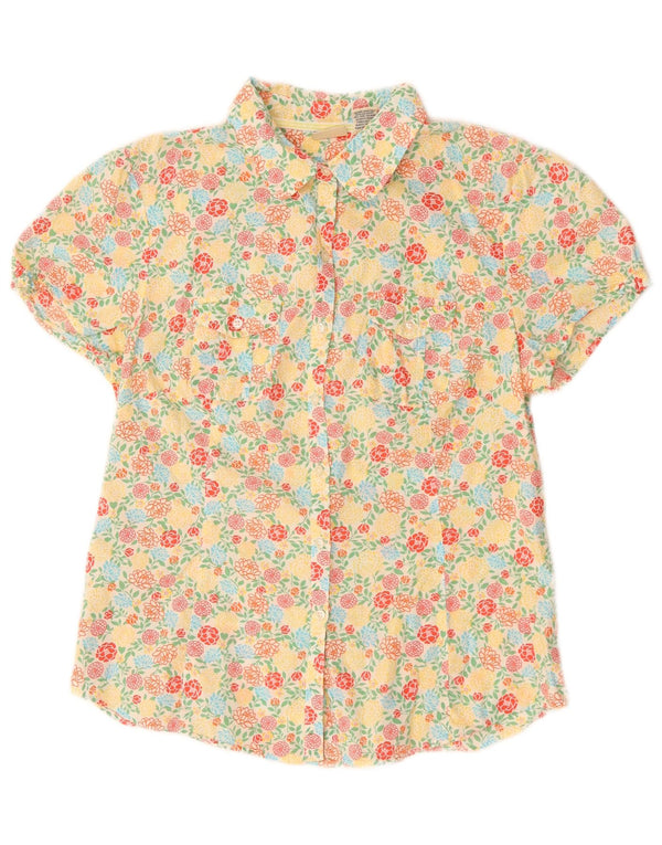 L.L.Bean Womens Short Sleeve Shirt Blouse UK 14 Medium Yellow Floral Cotton
