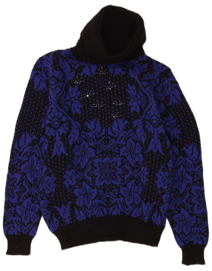 Vintage Womens Roll Neck Jumper Sweater UK 14 Medium Black Floral