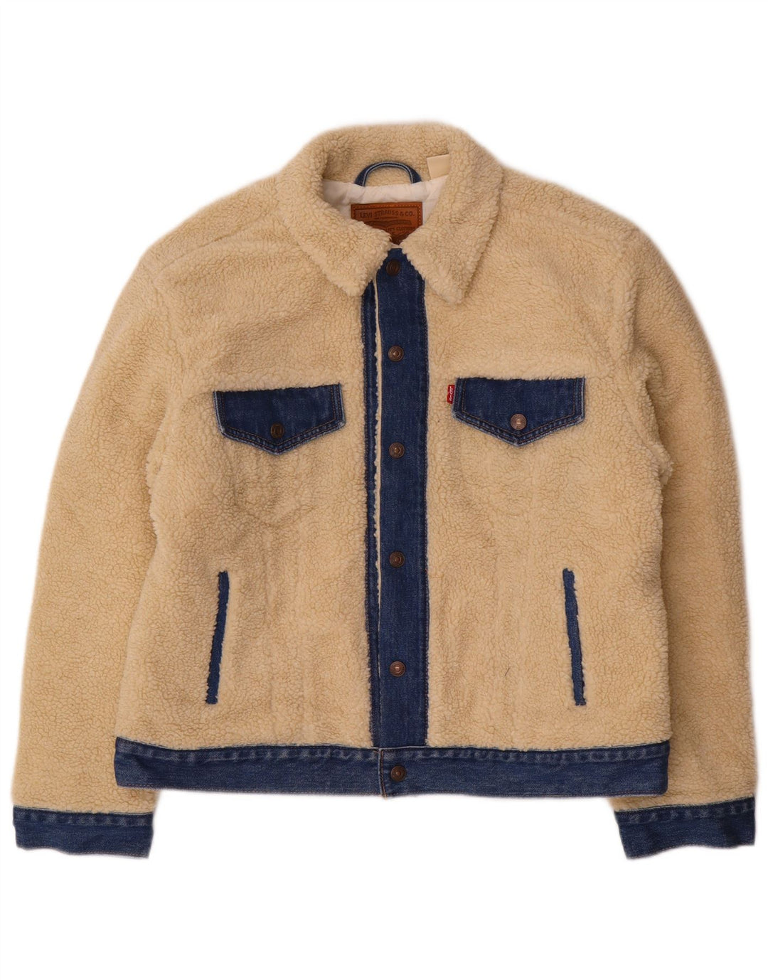 Levi's Womens Crop Denim Fleece Jacket UK 16 Large Beige Colourblock