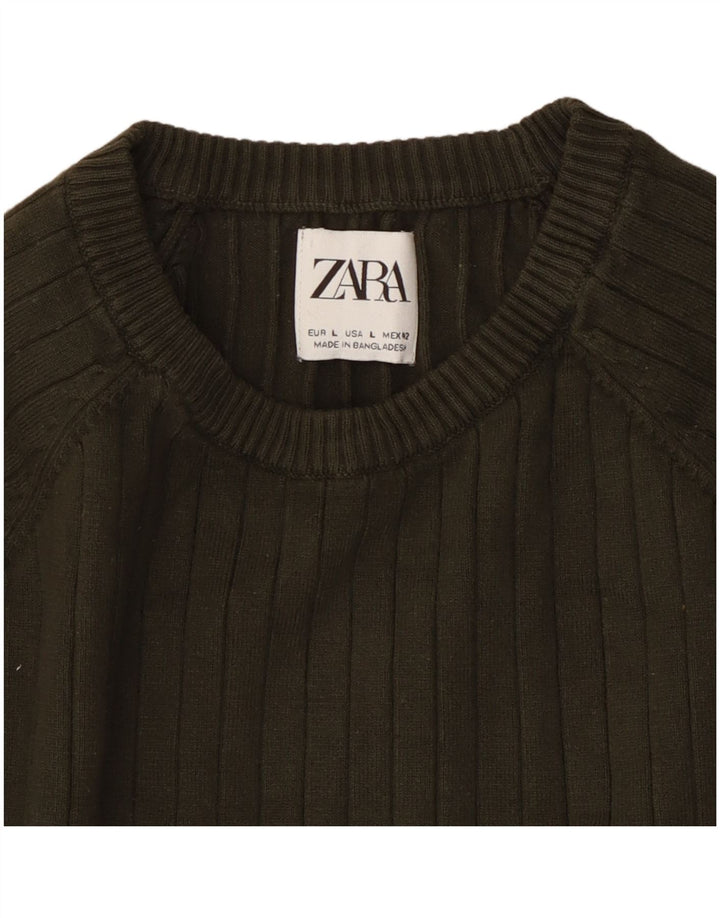 Zara Mens Crew Neck Jumper Sweater Large Khaki