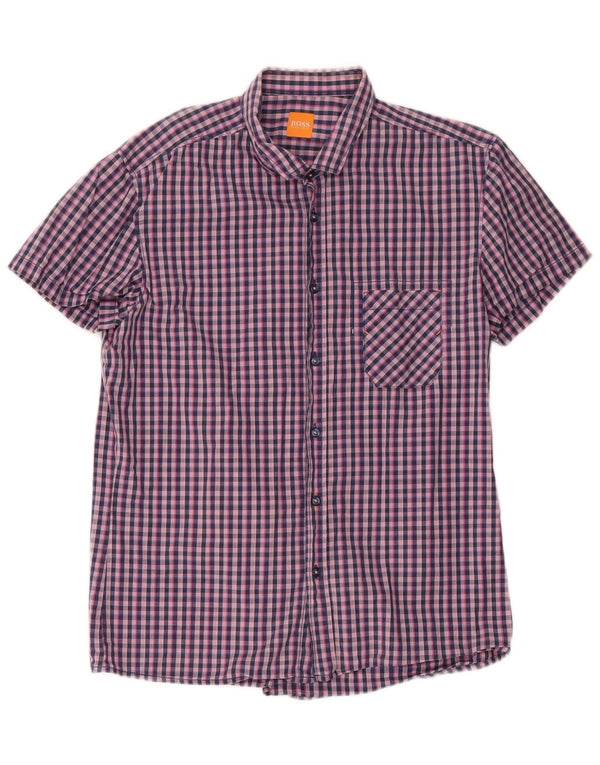 Hugo Boss Mens Short Sleeve Shirt Large Navy Blue Gingham Cotton