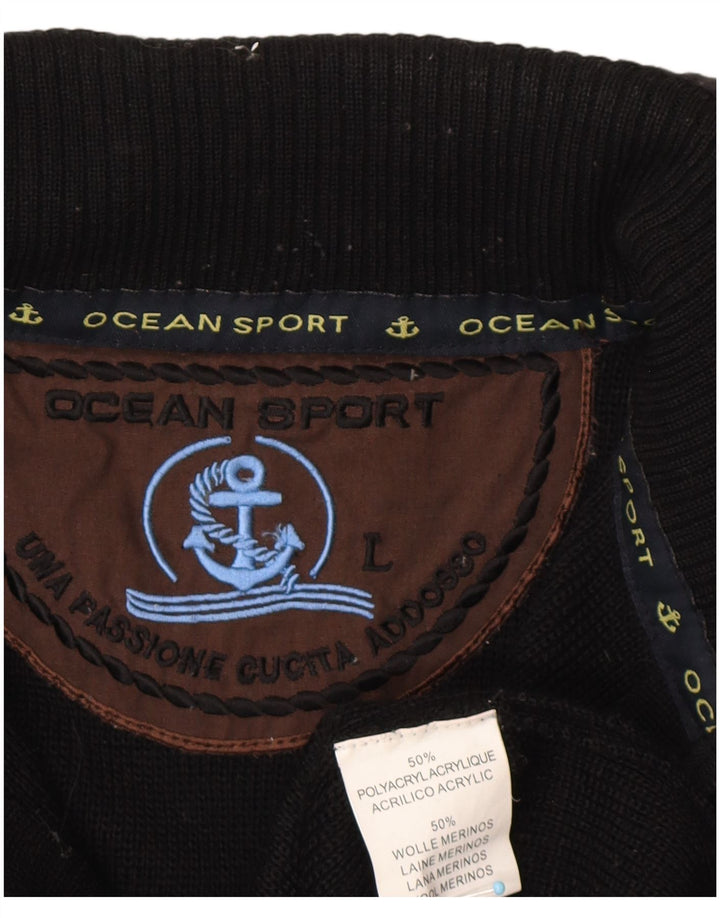 VINTAGE Mens Graphic Zip Neck Jumper Sweater Large Black Acrylic Nautical