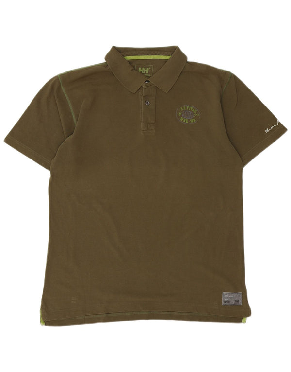 HELLY HANSEN Mens Graphic Polo Shirt Large Khaki Cotton