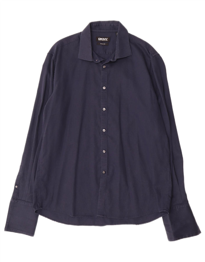 DKNY Mens Slim Fit Shirt Size 17 1/2 44 XL Navy Blue Cotton