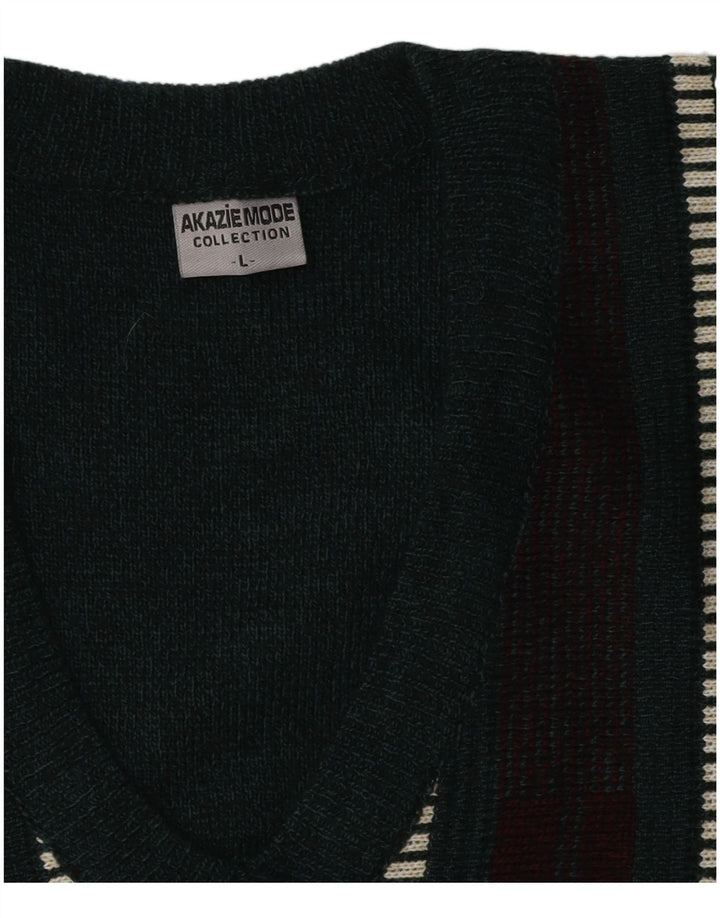 VINTAGE Mens V-Neck Jumper Sweater Large Green Striped Acrylic