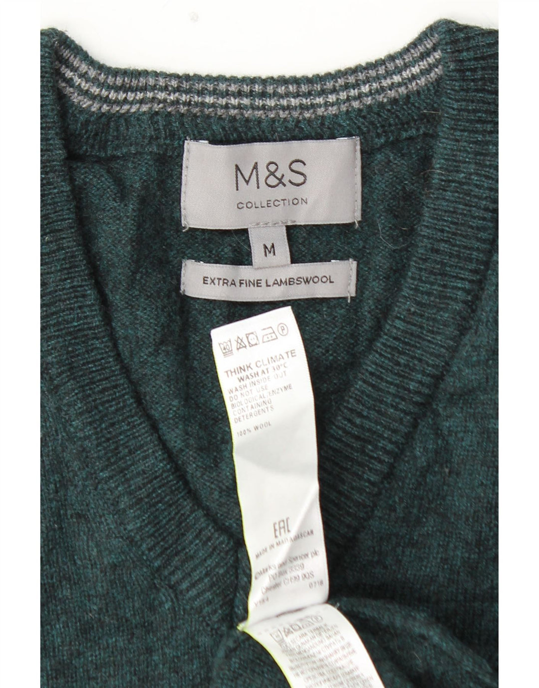 MARKS & SPENCER Mens V-Neck Jumper Sweater Medium Green Lambswool