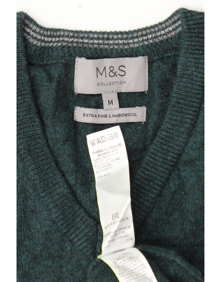 MARKS & SPENCER Mens V-Neck Jumper Sweater Medium Green Lambswool