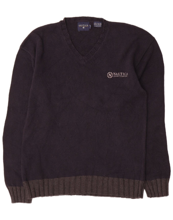 Nautica Mens V-Neck Jumper Sweater Large Navy Blue Colourblock Cotton