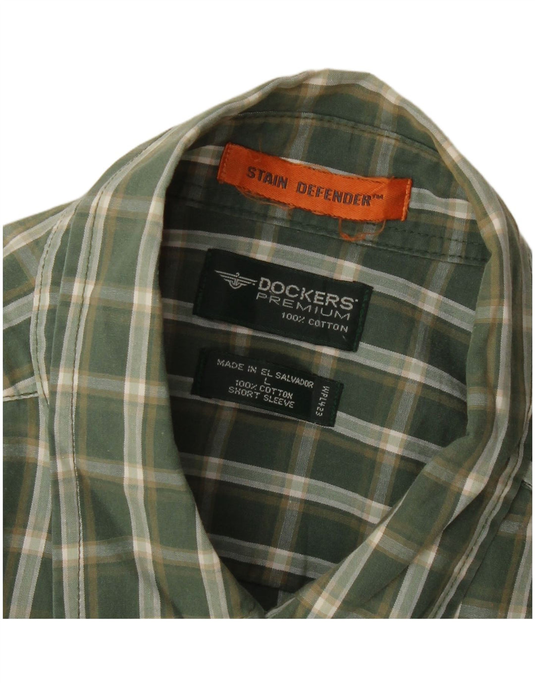 DOCKERS Mens Stain Defender Short Sleeve Shirt Large Green Check Cotton