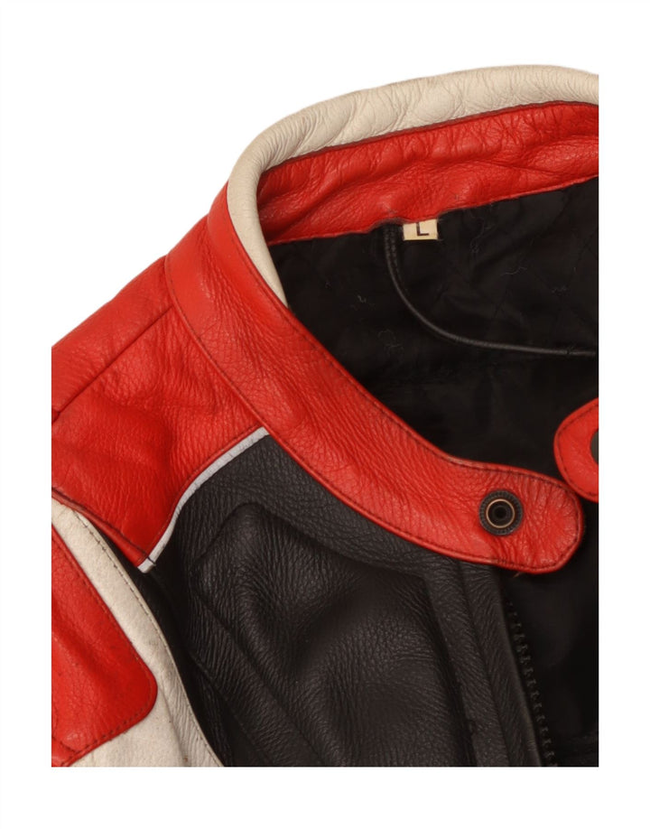 Vintage Mens Leather Racer Jacket UK 40 Large Multicoloured Colourblock