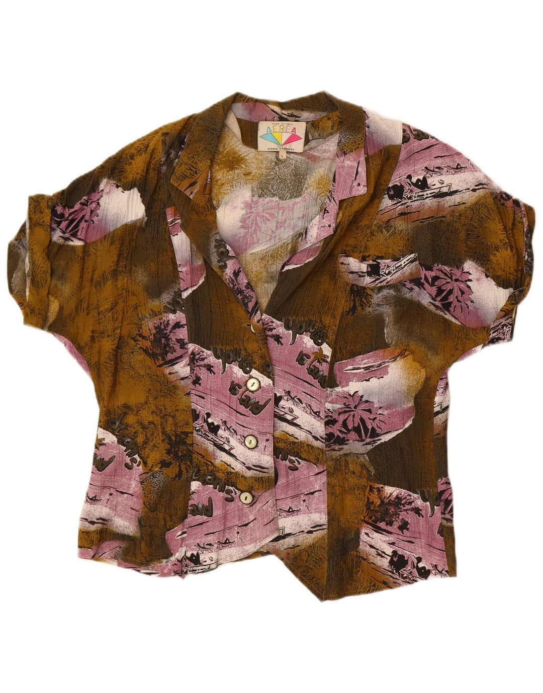 Vintage Womens Graphic Shirt Blouse UK 16 Large Khaki Patchwork