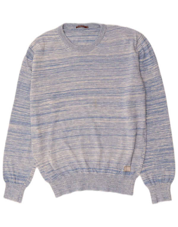 CARRERA Mens Crew Neck Jumper Sweater Medium Blue Striped Cotton