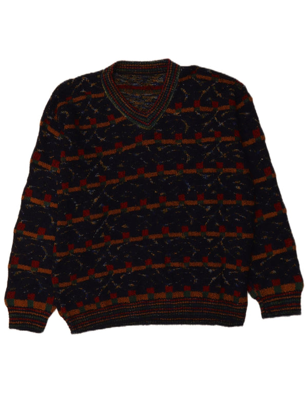 VINTAGE Mens V-Neck Jumper Sweater XL Navy Blue Geometric Wool