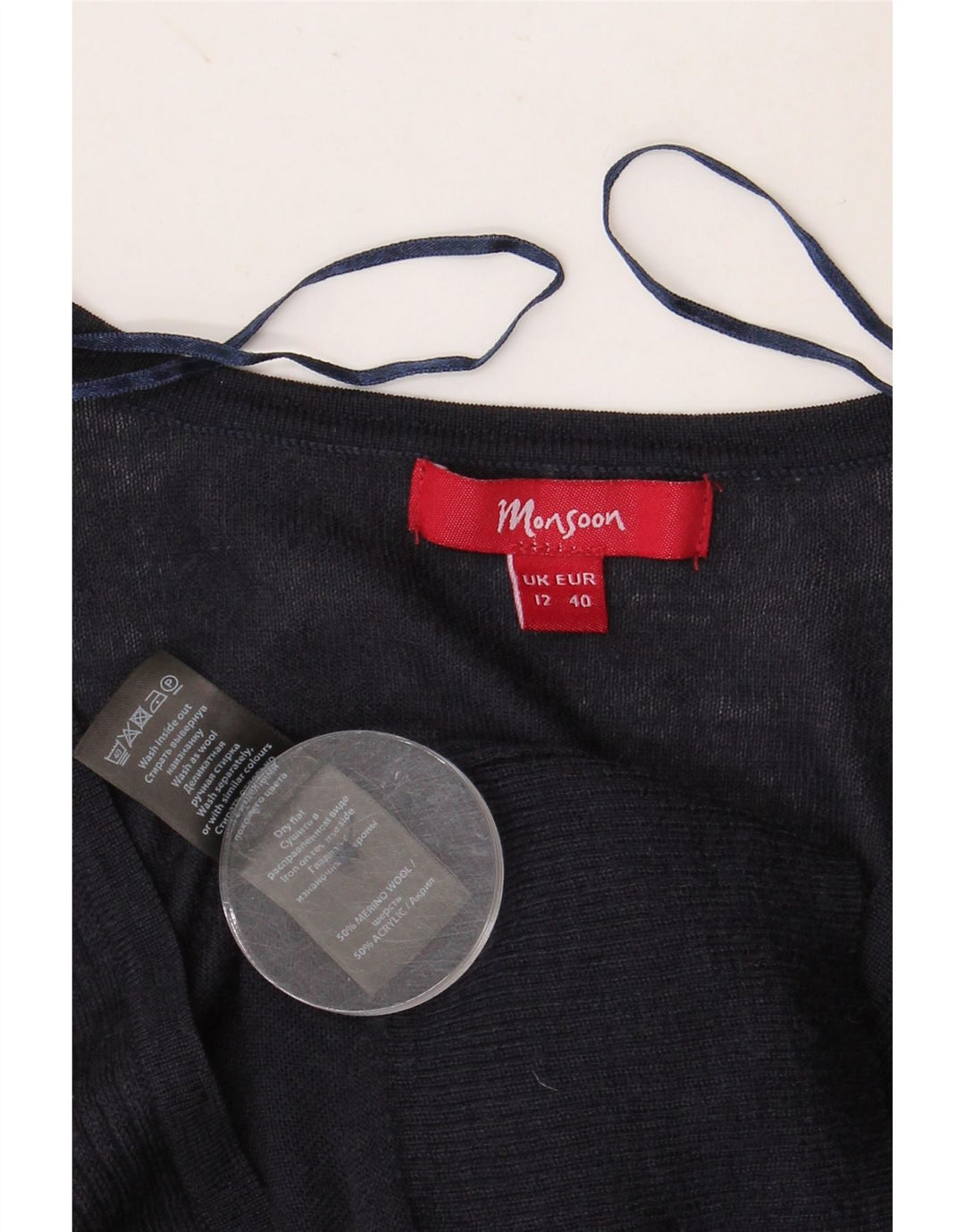 Monsoon Womens Cardigan Sweater UK 12 Medium Navy Blue Merino Wool