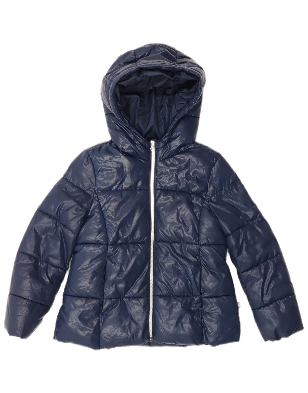BENETTON Girls Hooded Padded Jacket 6-7 Years Small Navy Blue Polyester