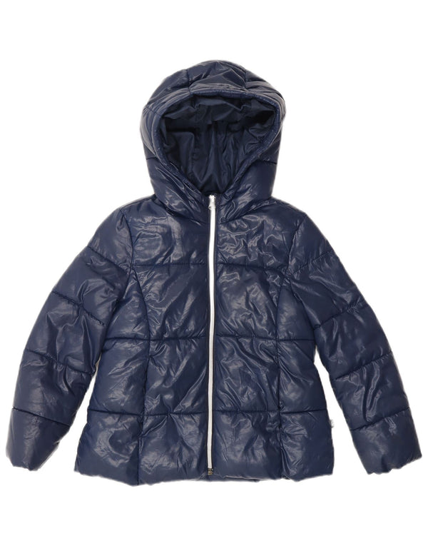 BENETTON Girls Hooded Padded Jacket 6-7 Years Small Navy Blue Polyester