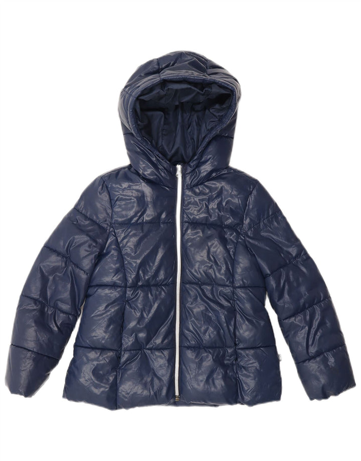 BENETTON Girls Hooded Padded Jacket 6-7 Years Small Navy Blue Polyester