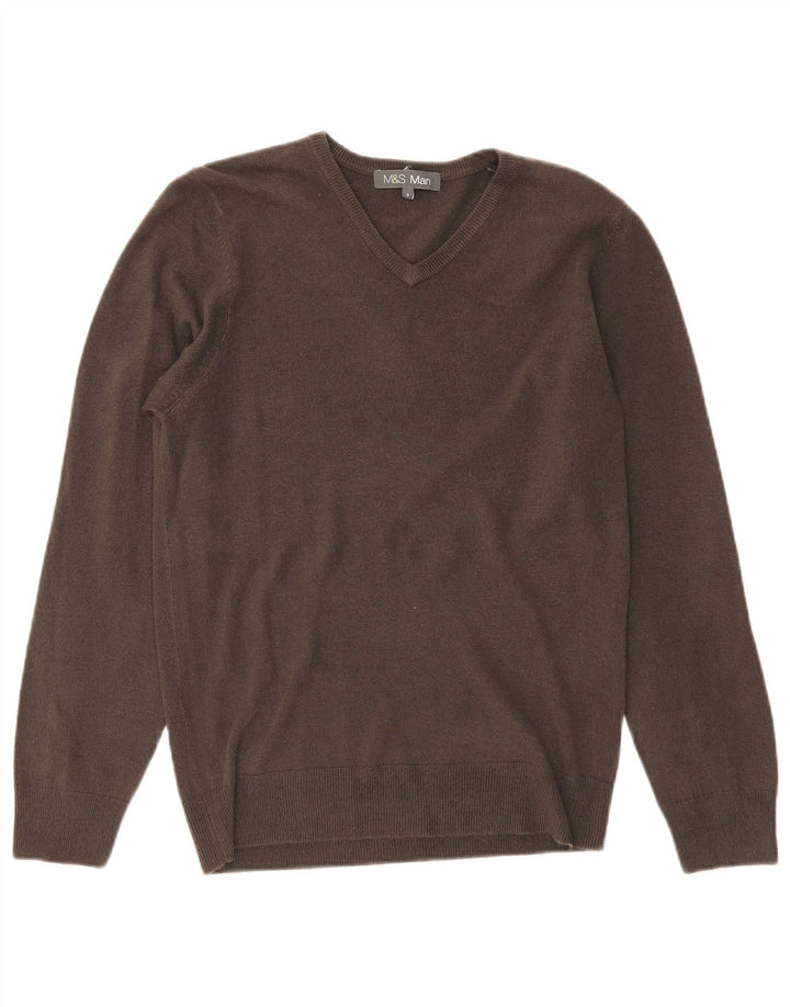 MARKS & SPENCER Mens V-Neck Jumper Sweater Small Grey Acrylic