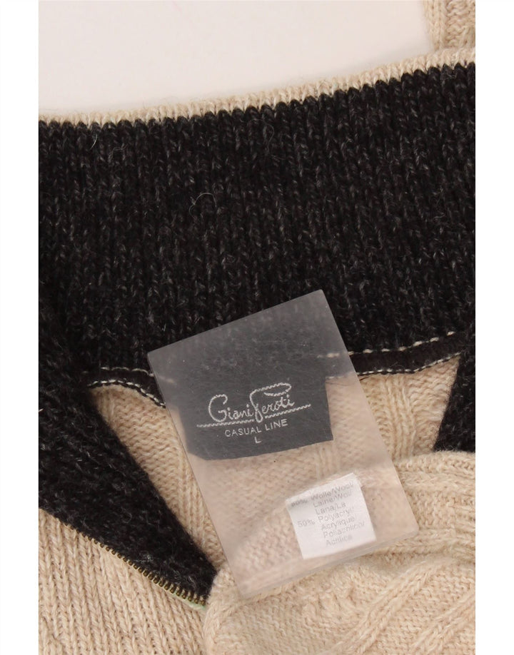 GIANI FEROTI Mens Zip Neck Jumper Sweater Large Beige Wool