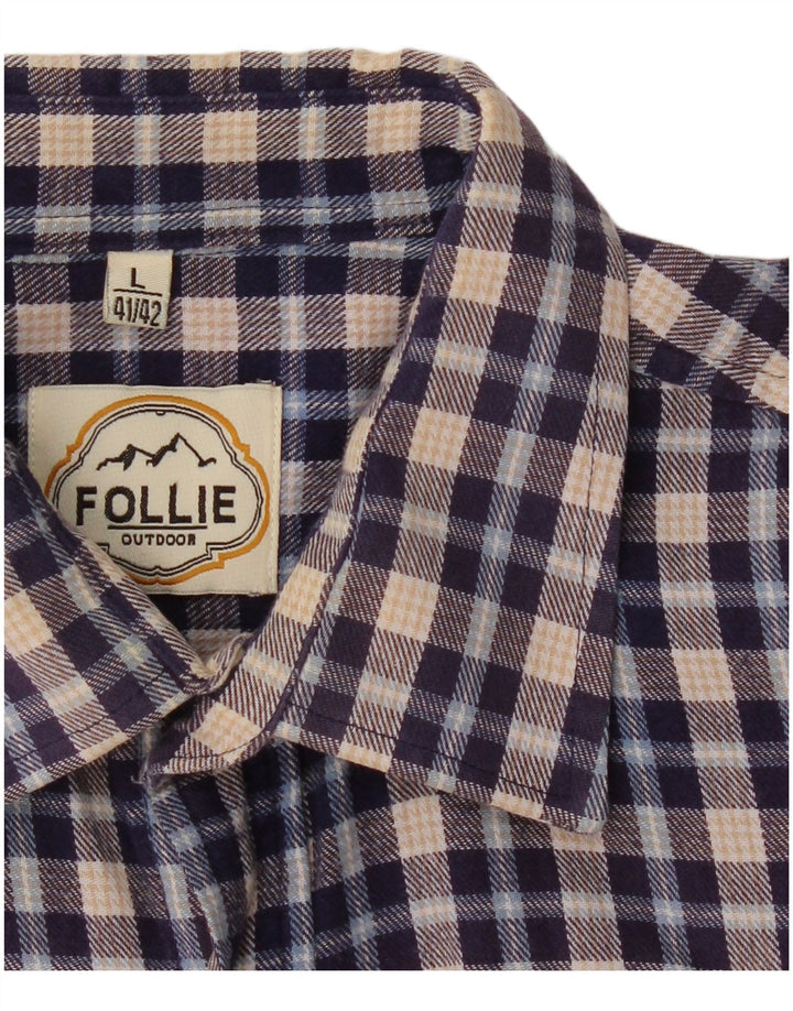 FOLLIE Mens Flannel Shirt Size 41/42 Large Blue Check