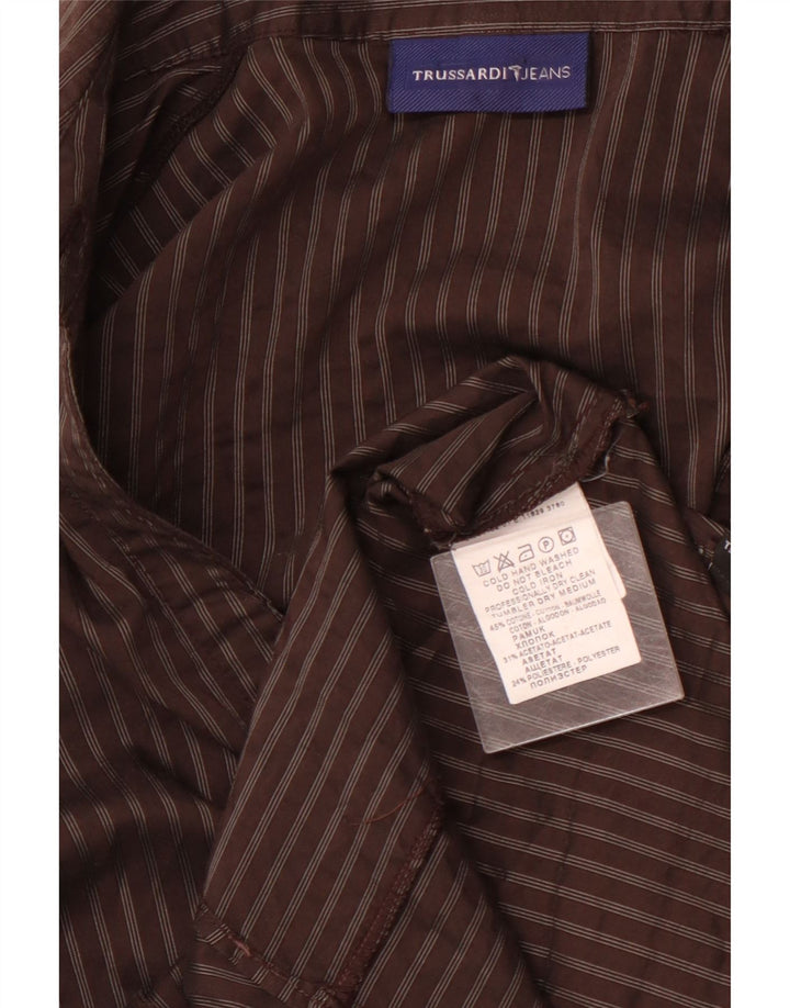 TRUSSARDI JEANS Womens Formal Shirt UK 16 Large Brown Striped Cotton