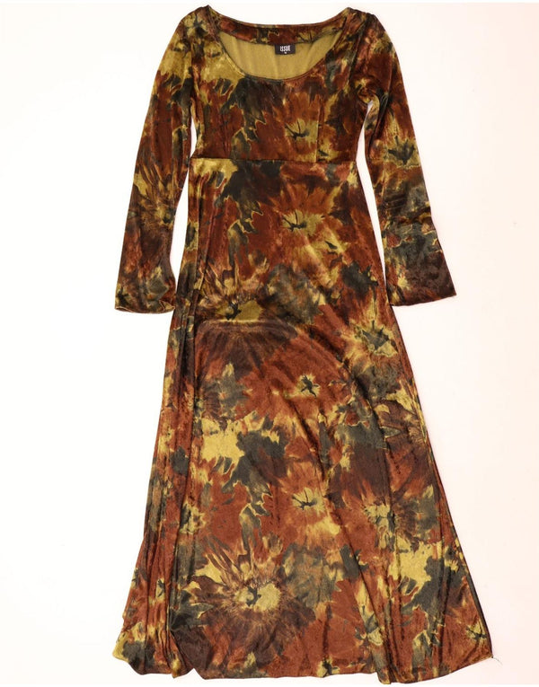 Vintage Womens Long Sleeve Velour Maxi Dress UK 12 Medium Brown Tie Dye