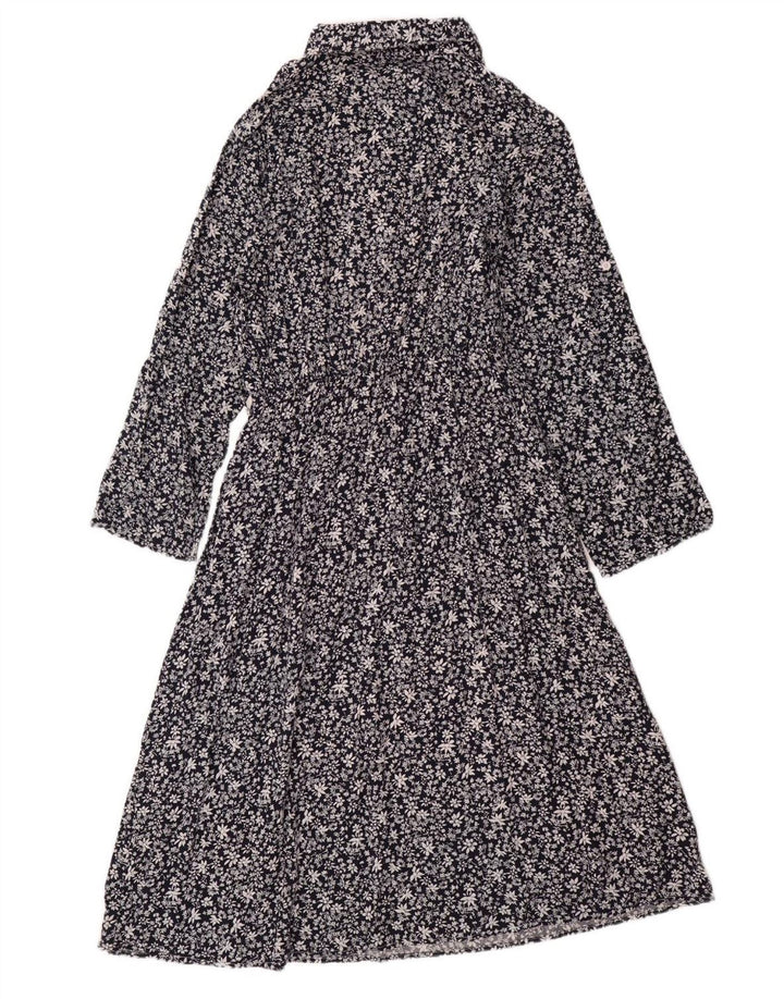 VINTAGE Womens Long Sleeve Maxi Dress UK 14 Large Navy Blue Floral Cotton