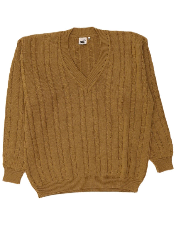 Piu Verona Mens V-Neck Jumper Sweater UK 48 2XL Khaki Acrylic