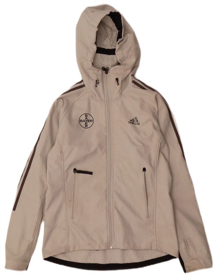 ADIDAS Womens Graphic Hooded Bomber Jacket UK 10 Small Off White Polyester
