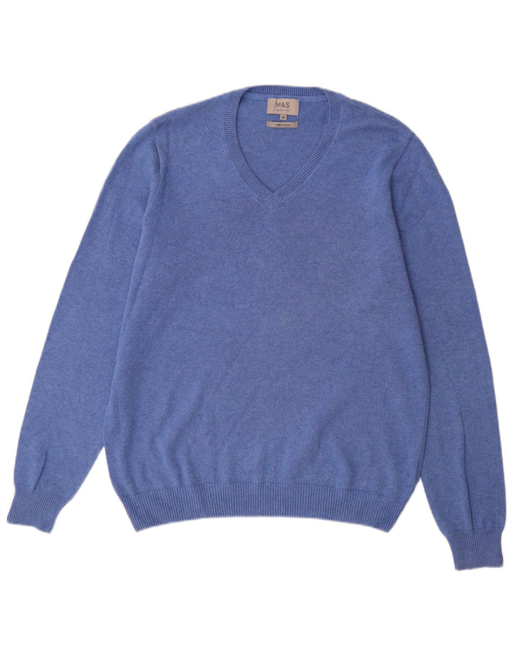 Marks & Spencer Mens V-Neck Jumper Sweater Medium Blue Cotton