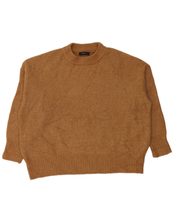 Zara Womens Oversized Crew Neck Jumper Sweater UK 14 Medium Brown Acrylic