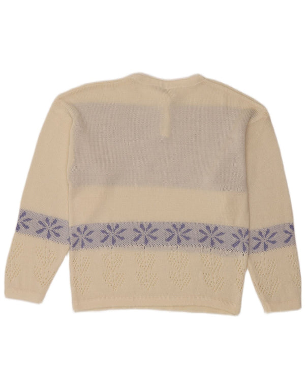 Vintage Womens Button Neck Jumper Sweater UK 16 Large White Floral
