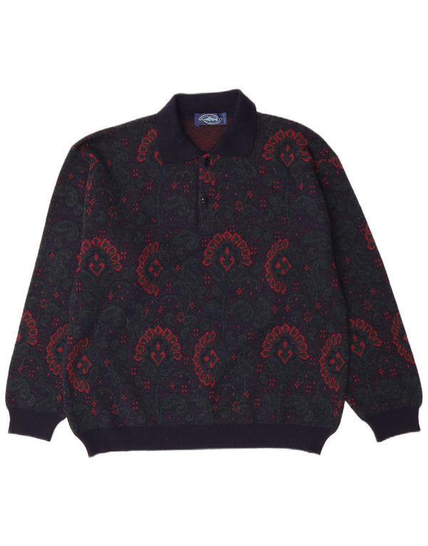 VINTAGE Mens Polo Neck Jumper Sweater Medium Navy Blue Paisley Wool
