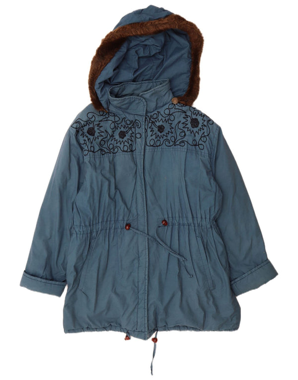 Vintage Womens Hooded Oversized Windbreaker Coat UK 10 Small Blue Floral