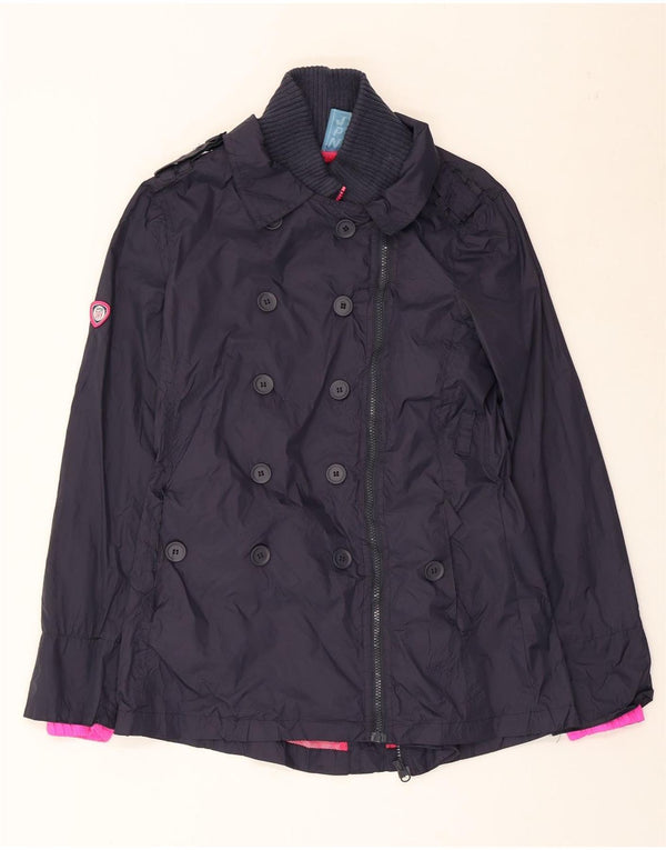 Superdry Womens Double Breasted Rain Jacket UK 12 Medium Navy Blue Nylon