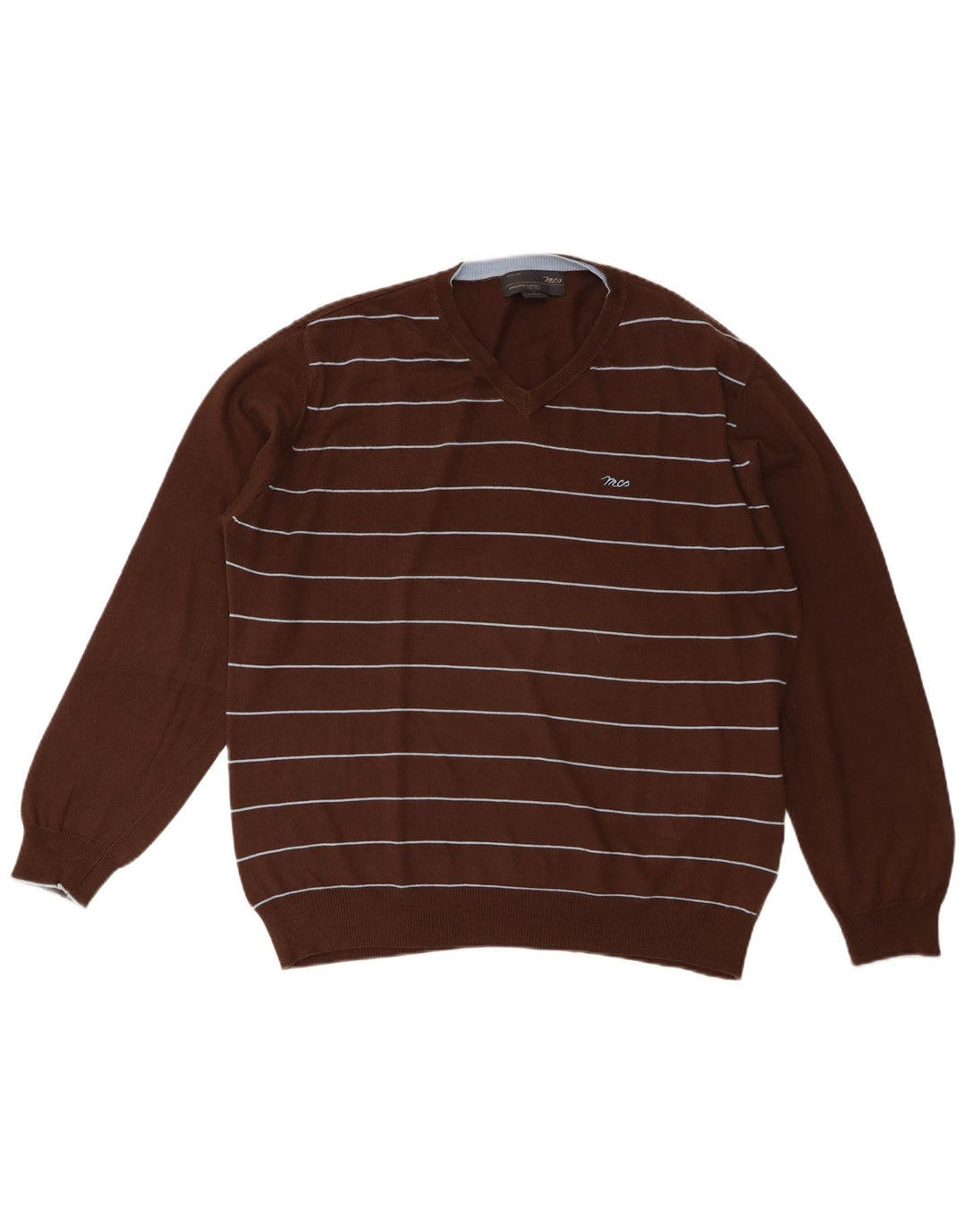 Marlboro Classics Mens V-Neck Jumper Sweater Large Brown Striped Cotton