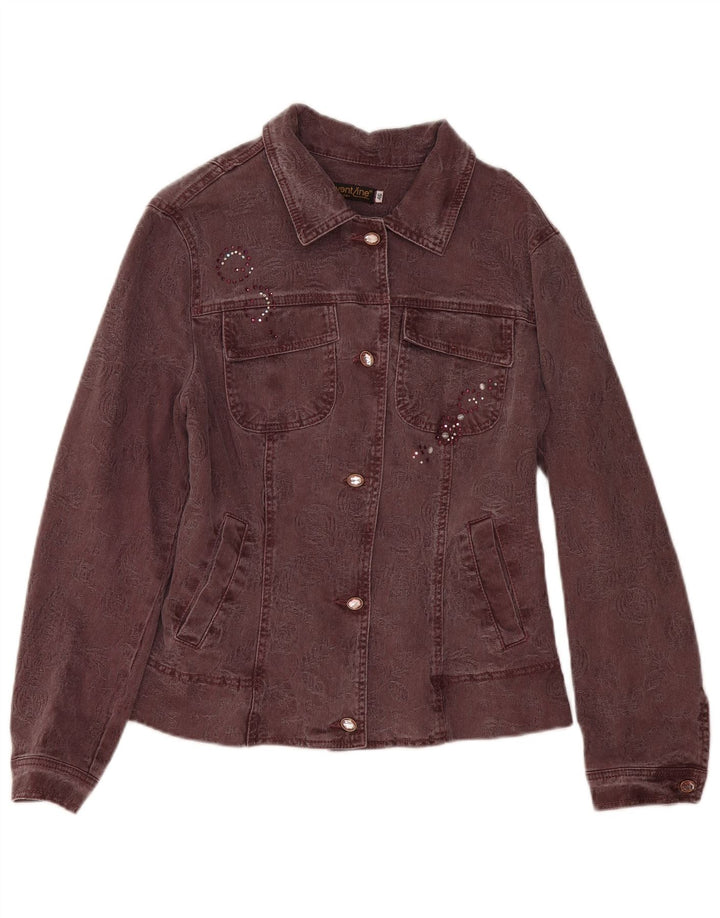 Vintage Womens Denim Jacket IT 46 Large Maroon Floral Cotton