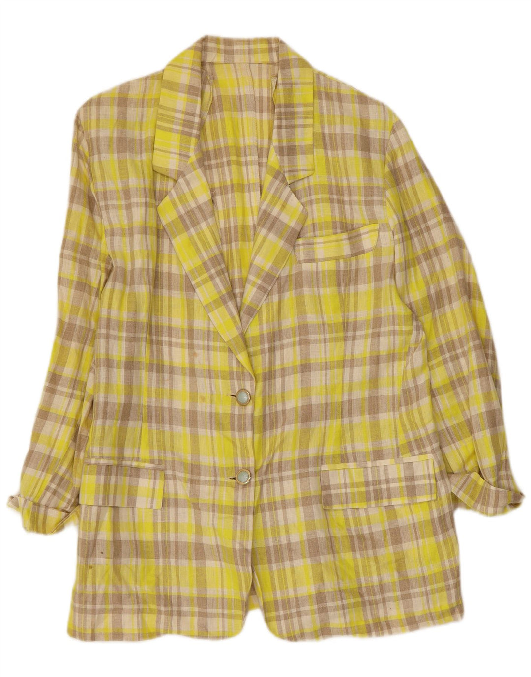 VINTAGE Womens 2 Button Blazer Jacket IT 46 Large Yellow Check Linen