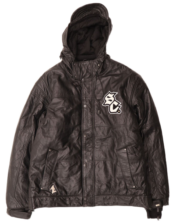 Vintage Mens Hooded Leather Windbreaker Jacket UK 40 Large Black Leather