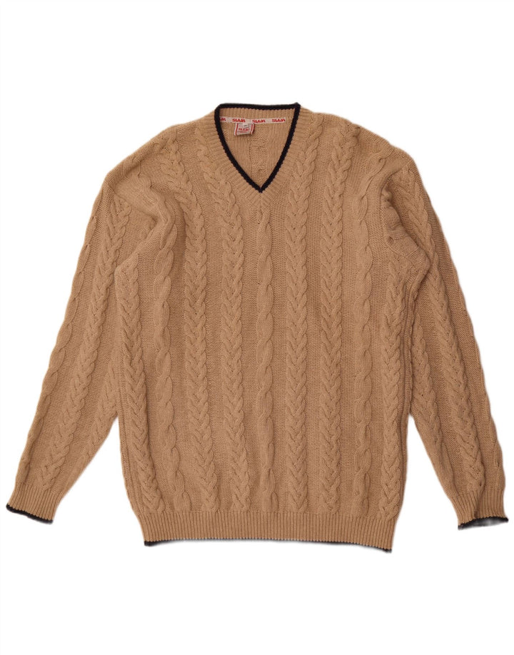 Slam Mens V-Neck Jumper Sweater XL Beige Wool