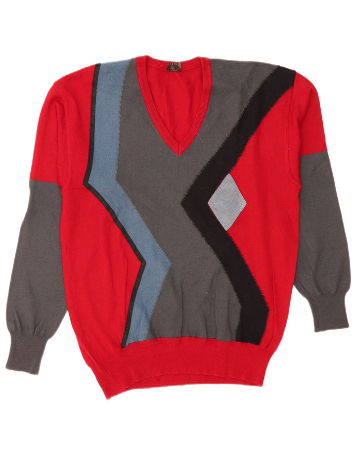 DALMINE Mens V-Neck Jumper Sweater IT 50 Medium Red Colourblock Virgin Wool