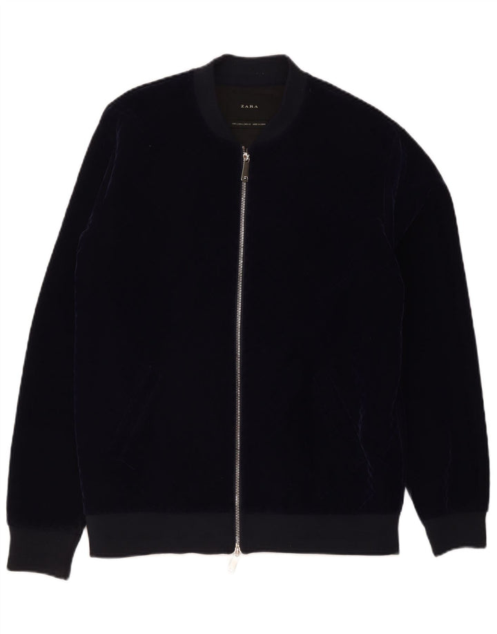 Zara Mens Velour Bomber Jacket UK 40 Large Navy Blue Polyester