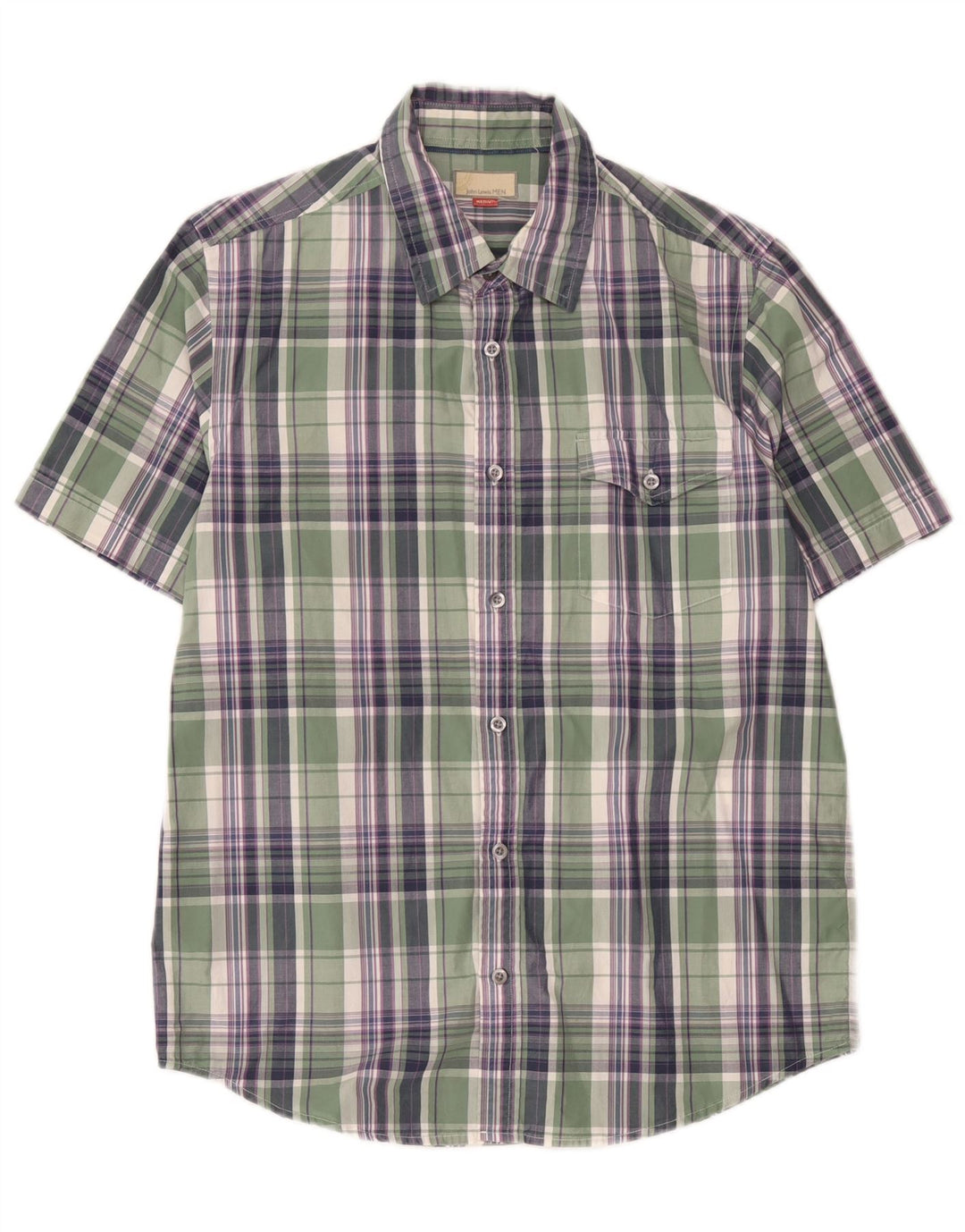 John Lewis Mens Short Sleeve Shirt Medium Green Check Cotton