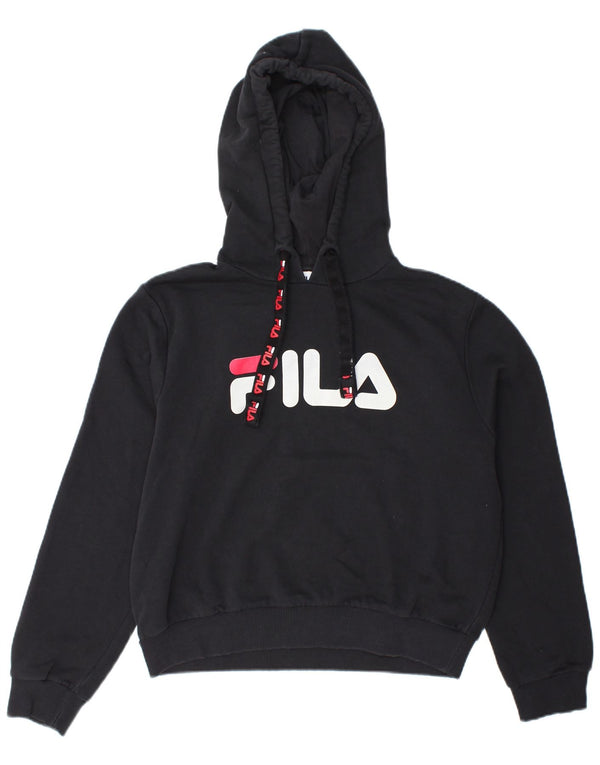 Fila Womens Graphic Hoodie Jumper UK 14 Medium Black Cotton