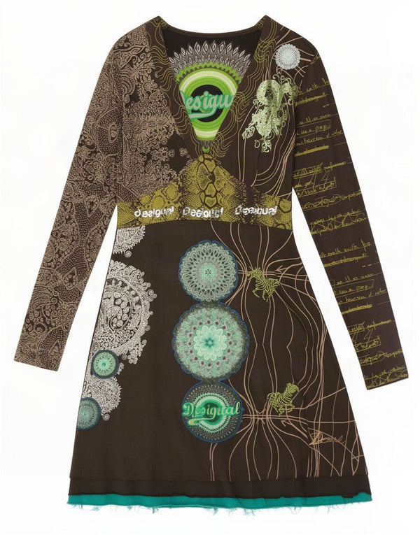 Desigual Womens Graphic Long Sleeve A-Line Dress UK 8 Small Khaki Paisley