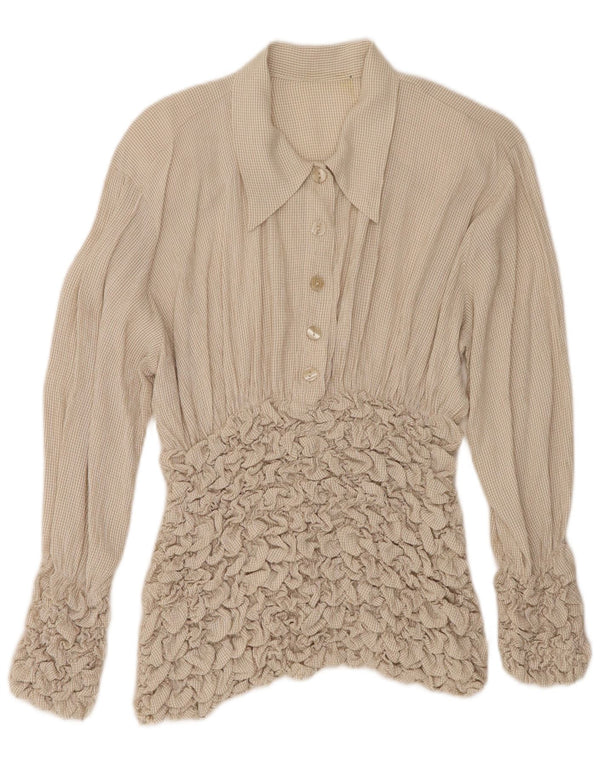 Vintage Womens Long Sleeve Blouse Top UK 10 Small Beige Check Acetate