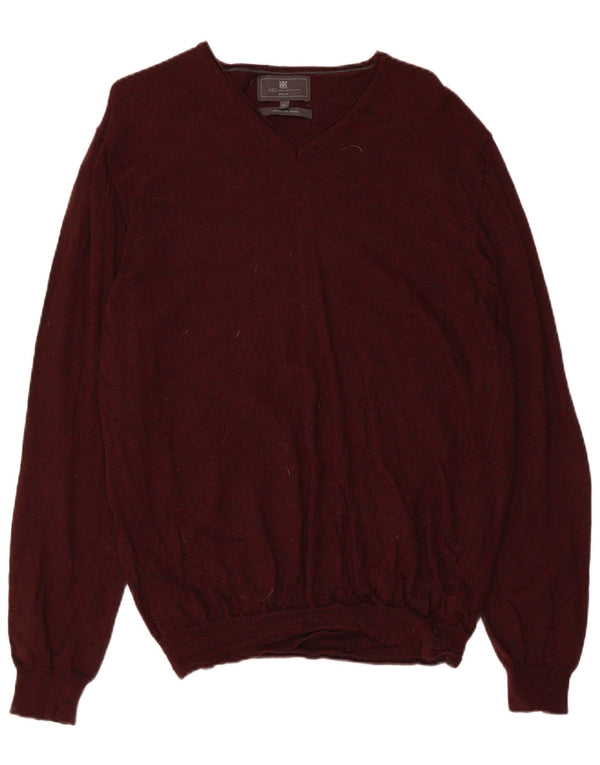Marks & Spencer Mens Slim Fit V-Neck Jumper Sweater XL Maroon Merino Wool