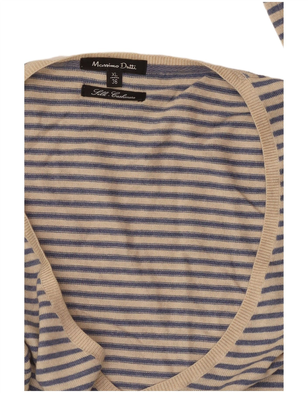 MASSIMO DUTTI Womens V-Neck Jumper Sweater UK 18 XL Blue Striped Cashmere